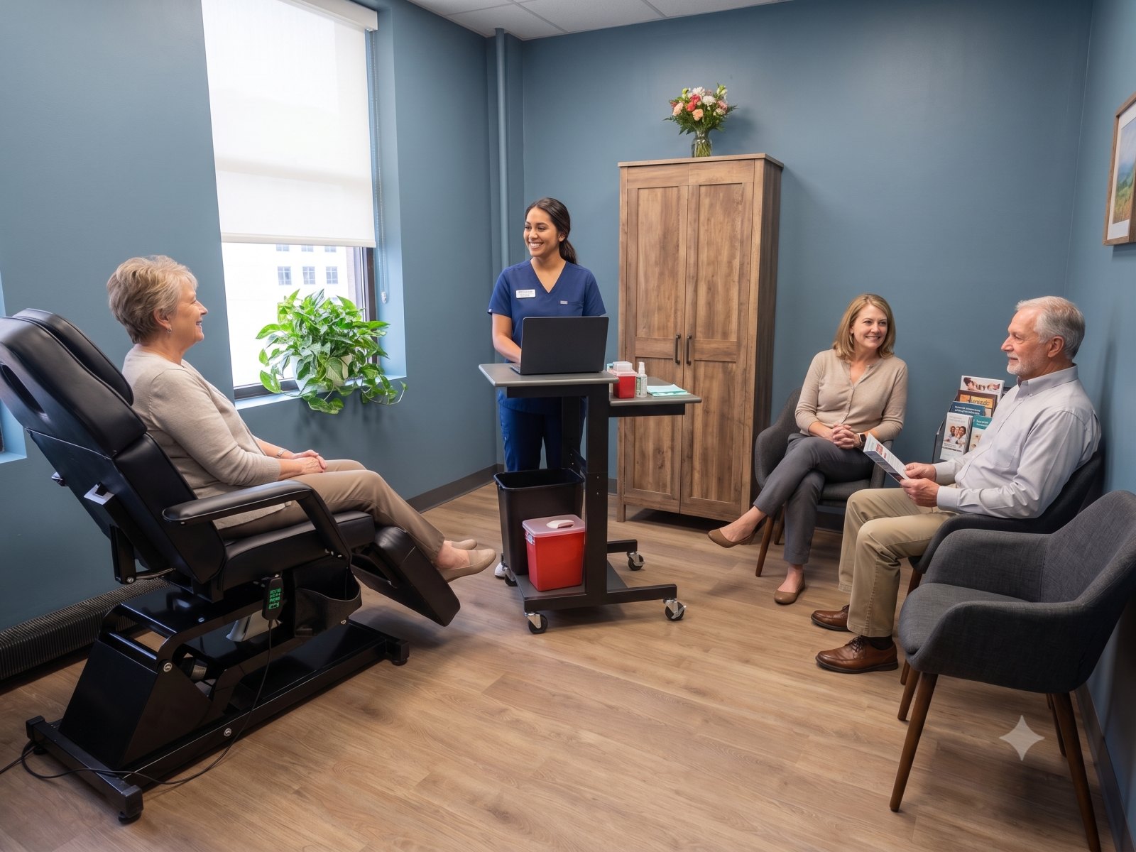 Illustration of a consultation. The people shown are computer-generated, not patients.